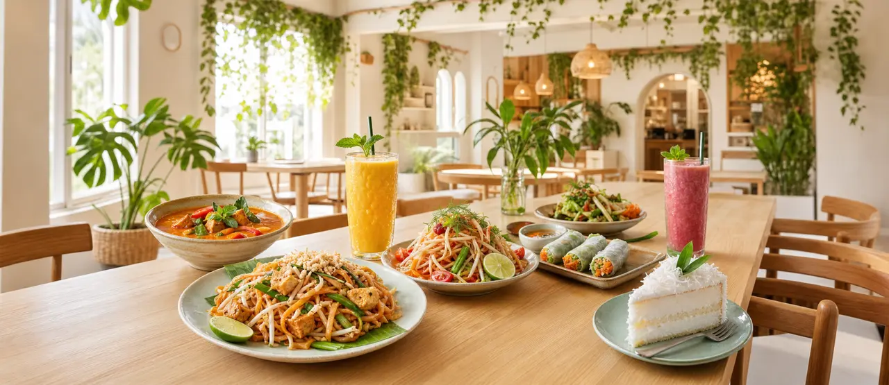 Thai vegan dishes on a wooden table at Tess Vegan Cafe, Pattaya
